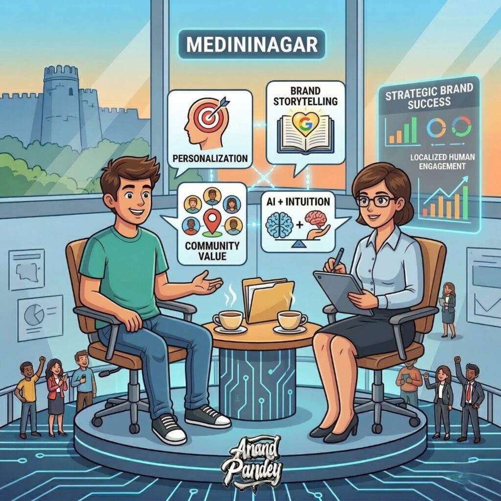 A friendly comic-style illustration visualizing an interview with SEO expert in medininagar named Anand Pandey, showing a conversation that connects localized expertise with strategic brand growth using AI and intuition.