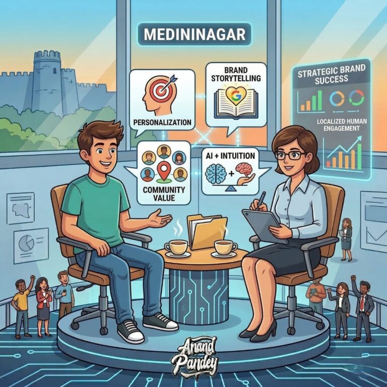 A friendly comic-style illustration visualizing an interview with SEO expert in medininagar named Anand Pandey, showing a conversation that connects localized expertise with strategic brand growth using AI and intuition.