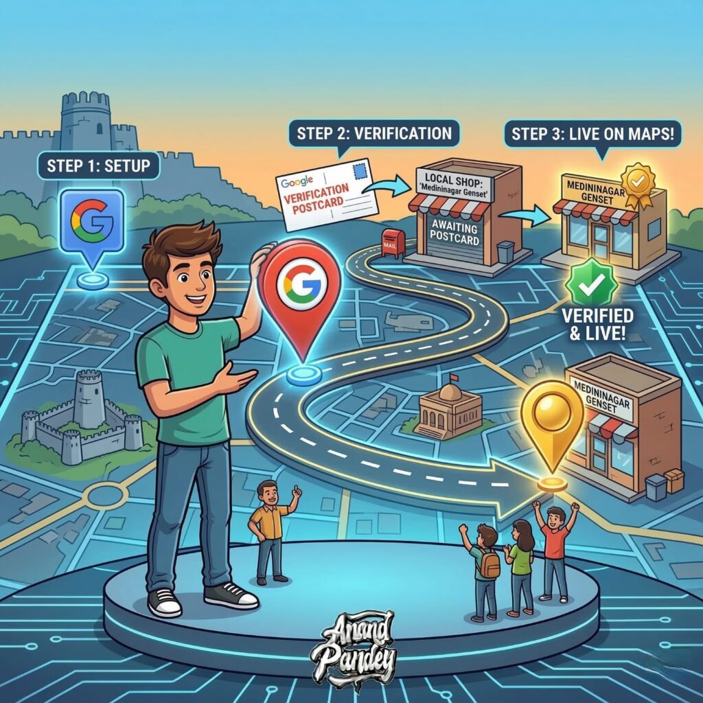 Step-by-step illustrated map showing how to set up a Google Business Profile in Medininagar - from initial setup with the Google icon, to receiving a verification postcard, to becoming verified and live on Google Maps, with a local Medininagar shop appearing as a pinned location surrounded by happy customers.