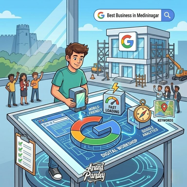 A professional comic-style illustration of an SEO expert in Medininagar building a website foundation using a checklist, with a focus on keywords, mobile-optimization, and local Medininagar search.