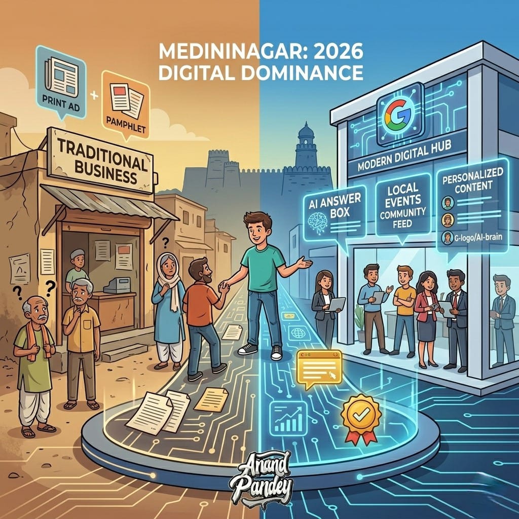 A comic-style illustration of a digital marketer in Medininagar using an AI-powered answer box and holographic screens to demonstrate 2026 SEO dominance.