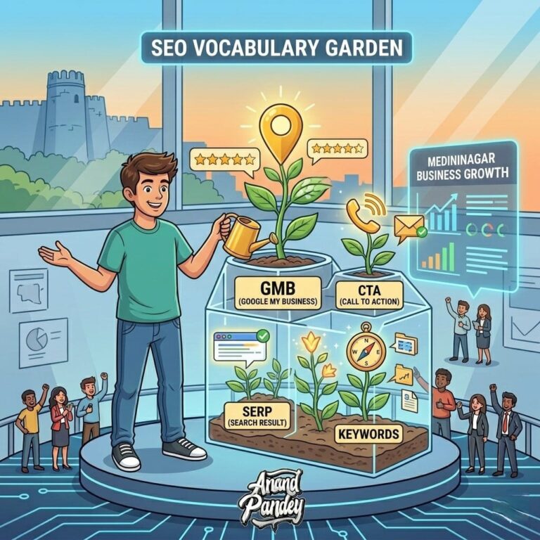 A vibrant comic-style illustration of a digital marketing expert tending to a "Vocabulary Garden" where SEO terms like SERP, GMB, and CTA grow into successful business results like 5-star reviews and Google Map pins in Medininagar