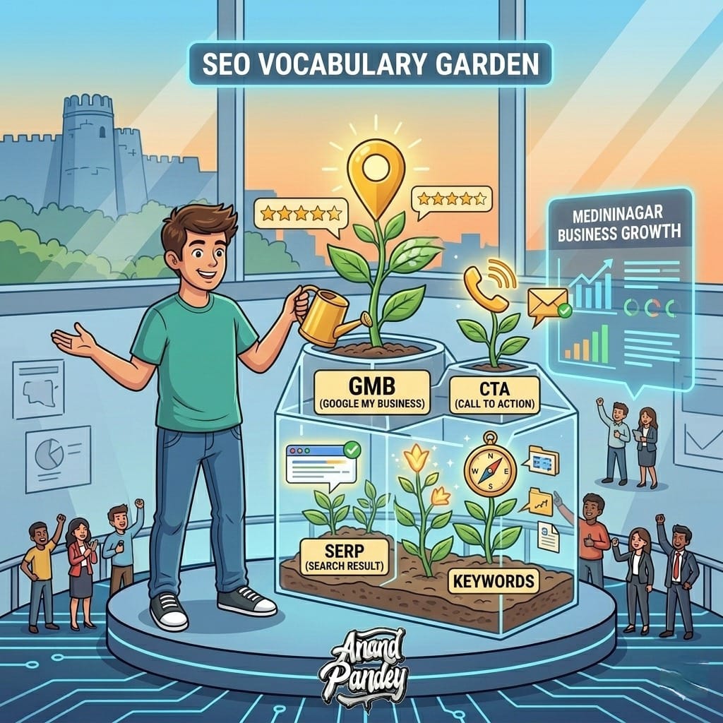 A vibrant comic-style illustration of a digital marketing expert tending to a "Vocabulary Garden" where SEO terms like SERP, GMB, and CTA grow into successful business results like 5-star reviews and Google Map pins in Medininagar